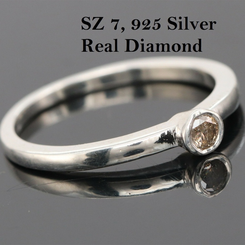 925 Sterling Silver real Diamond bezel Ring sz 7